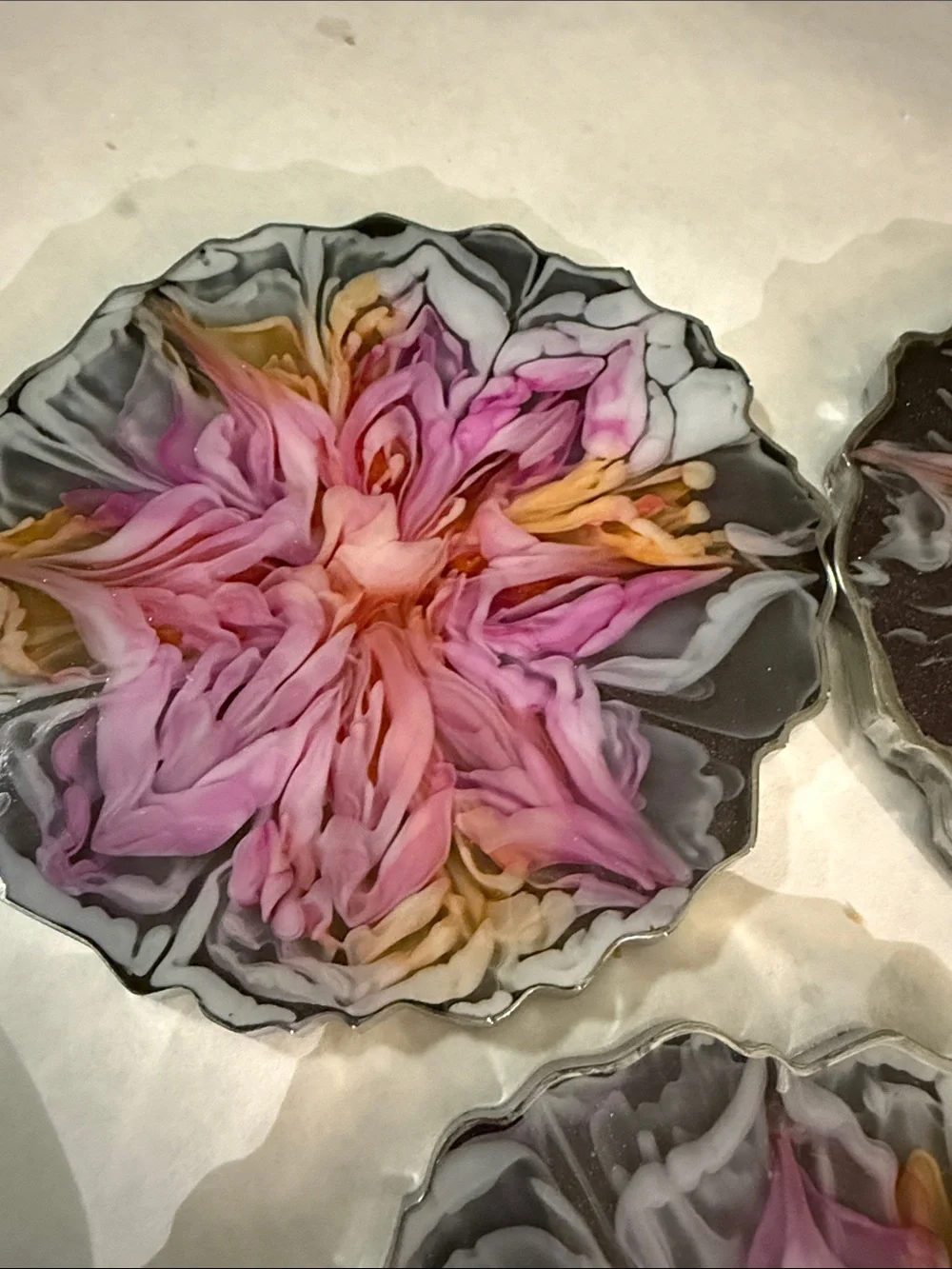 Hand-Poured Floral Resin Coasters - Pink & Gray